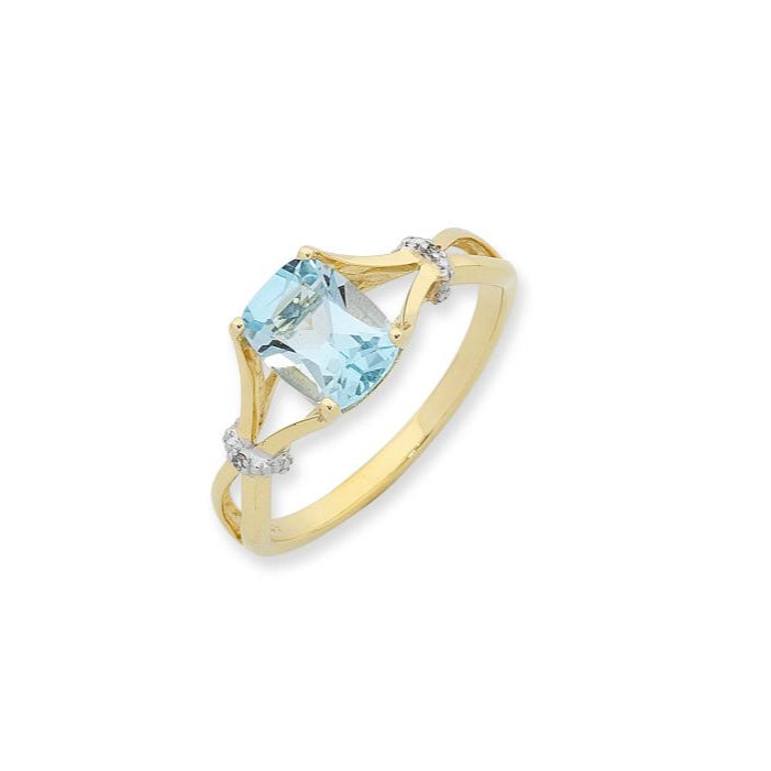 9Ct Yellow Gold Blue Topaz And Diamond Ring