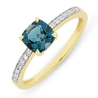 9ct Yellow Gold, Diamond and London Blue Topaz Ring.
