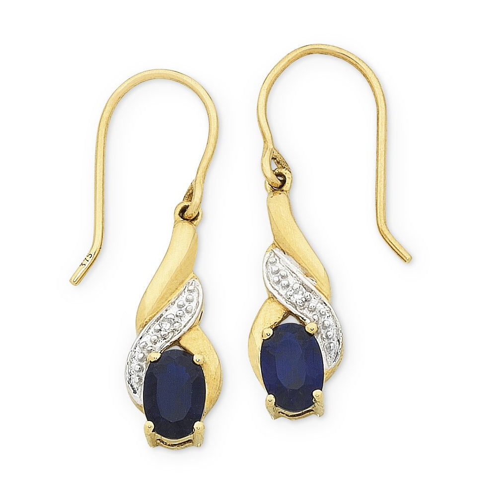 9ct Yellow Gold Created Sapphire and Diamond Earrings.