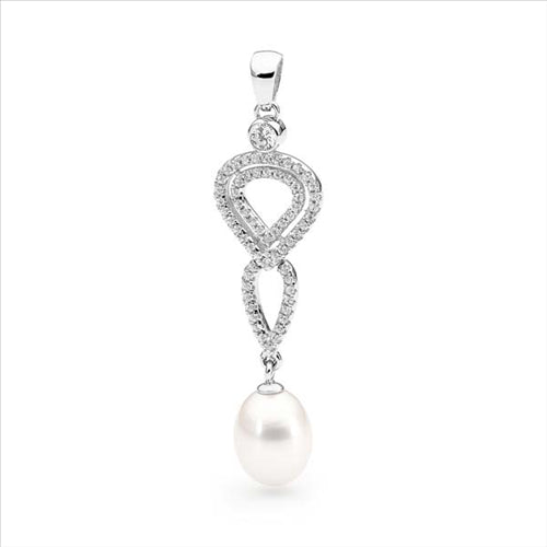 Sterling silver white drop 9-9.5mm Freshwater pearl and cubic zirconia Pendant