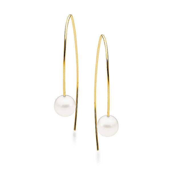 9ct Yellow Gold, White Round 8.5-9mm Freshwater Pearl hook Earrings