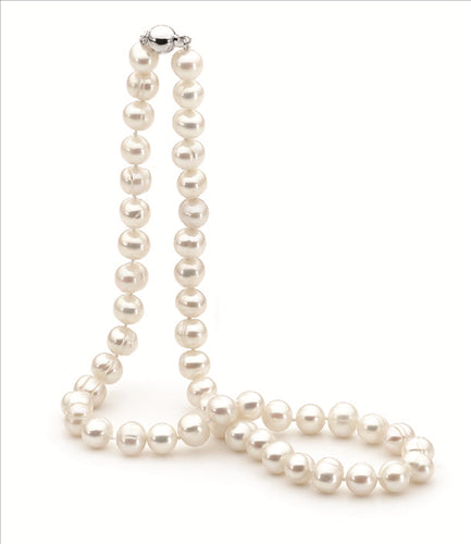 White Round, 8-9mm Freshwater Pearl strand, Sterling Silver Clasp, 45cm