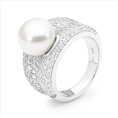 Sterling silver white button 10.5-11mm Freshwater pearl and cubic zirconia Ring