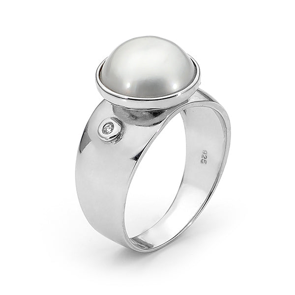 Sterling silver white10mm Mabe pearl and cubic zirconia Ring.