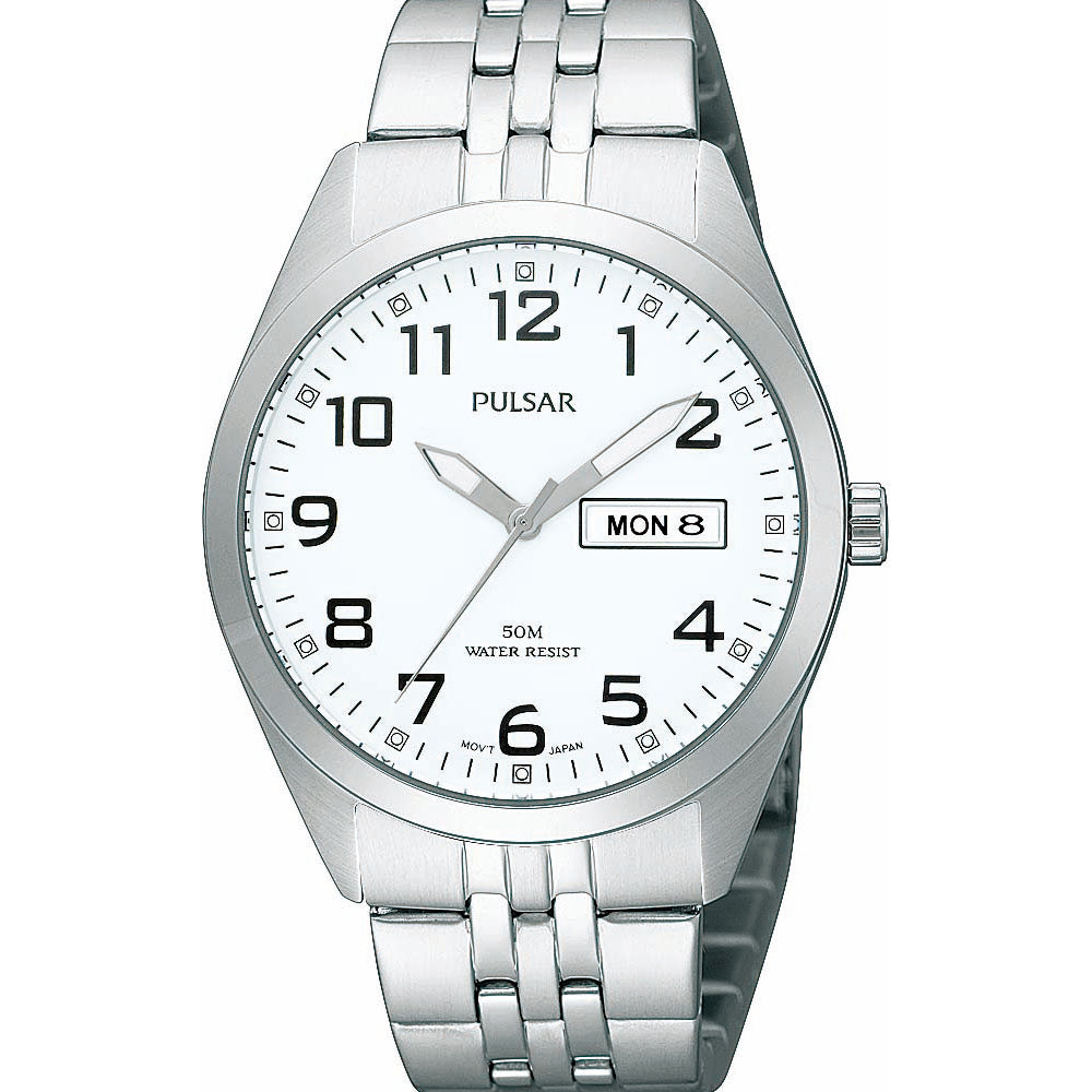 Pulsar gents Stainless steel White dial, Day