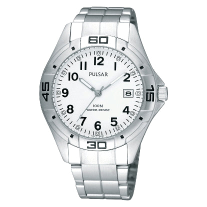 Pulsar Workmans gents Stainless steel, White dial, Date 100m Water resistant