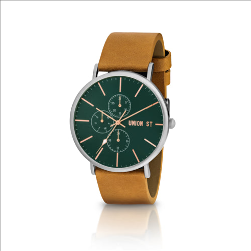 Union Street, Callum Collection, Stainless Steel Dress, 50m, Tan Leather Strap, Green dial.