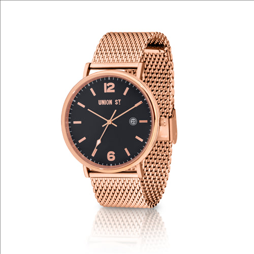 Union Street, William Collection RGP 50m, Rose Gold Mesh Band, Black dial, Date