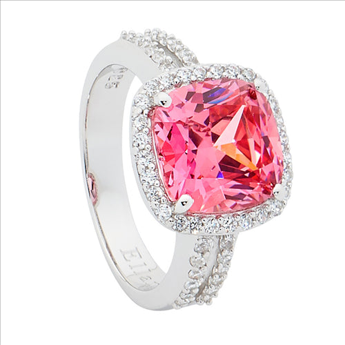 Ring - Sterling silver fancy Pink Cushion cut Cubic Zirconia with White Cubic Zirconia's Split band