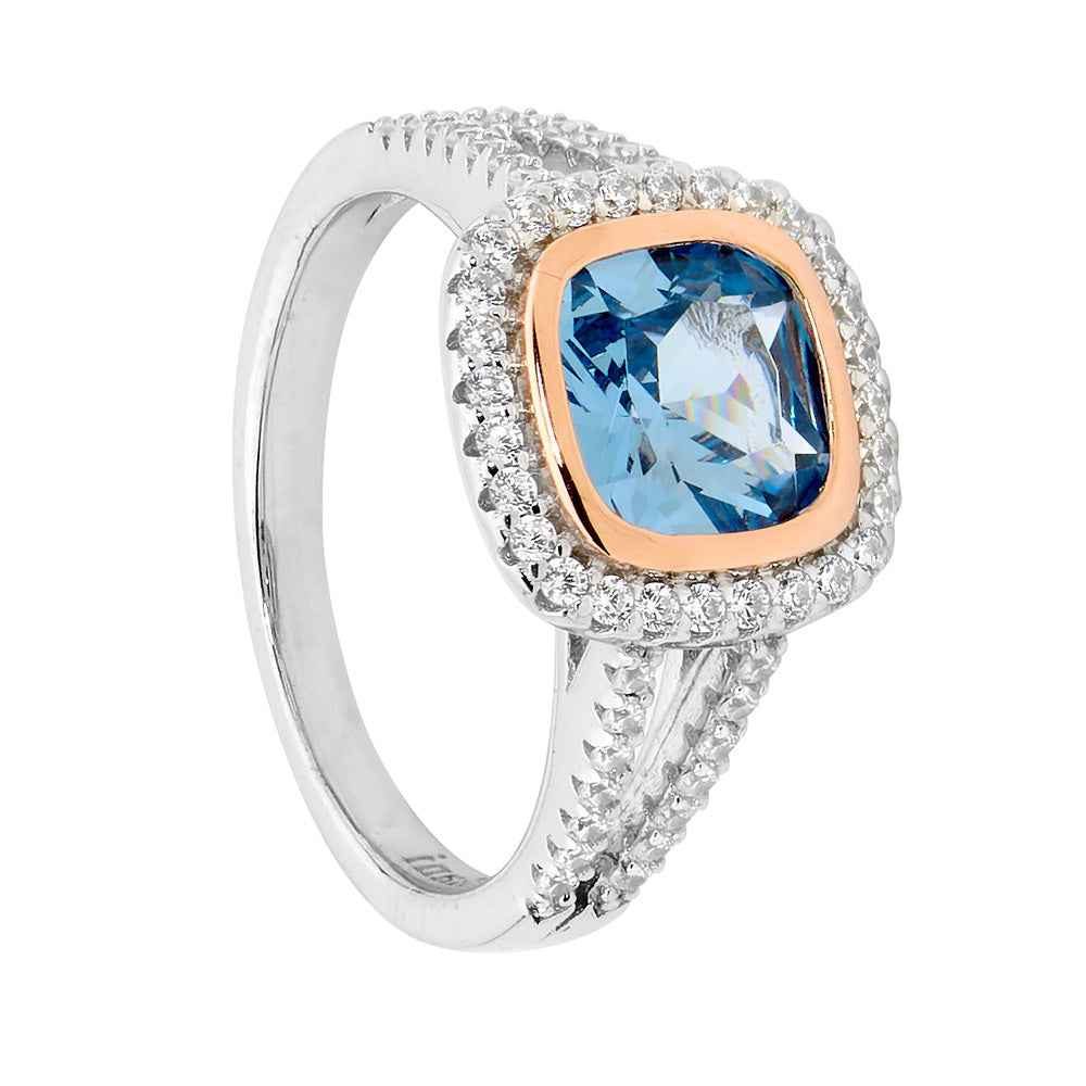 Sterling silver blue spinel cushion cut with rose gold plating bezel, cz halo split band ring
