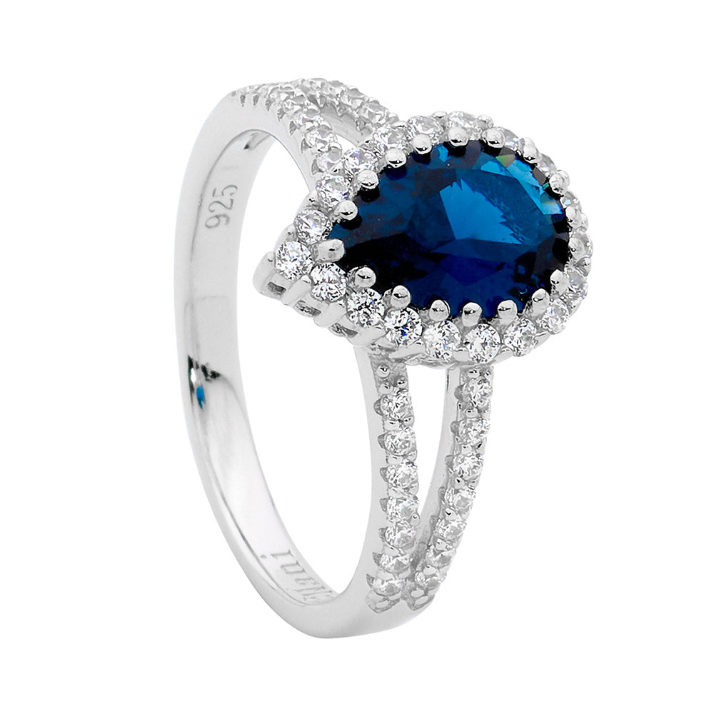 Sterling silver london blue pear cz, with cz surround split band ring