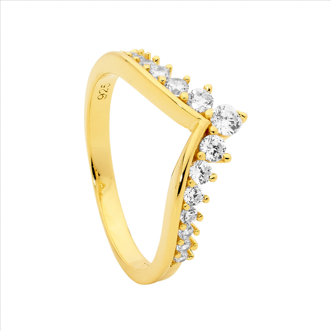 Sterling Silver Gold Plated V Ring, Gradual CZ