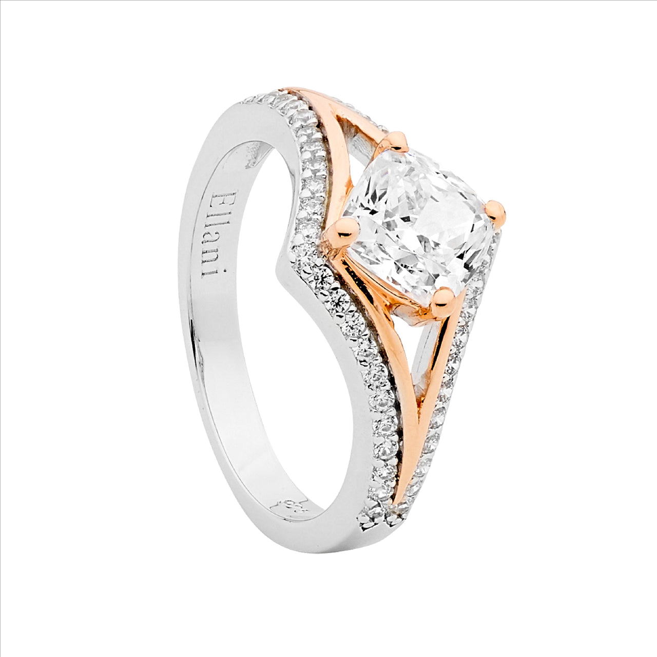 SS WH CZ open V w/ cushion cut & rose gold plating ring