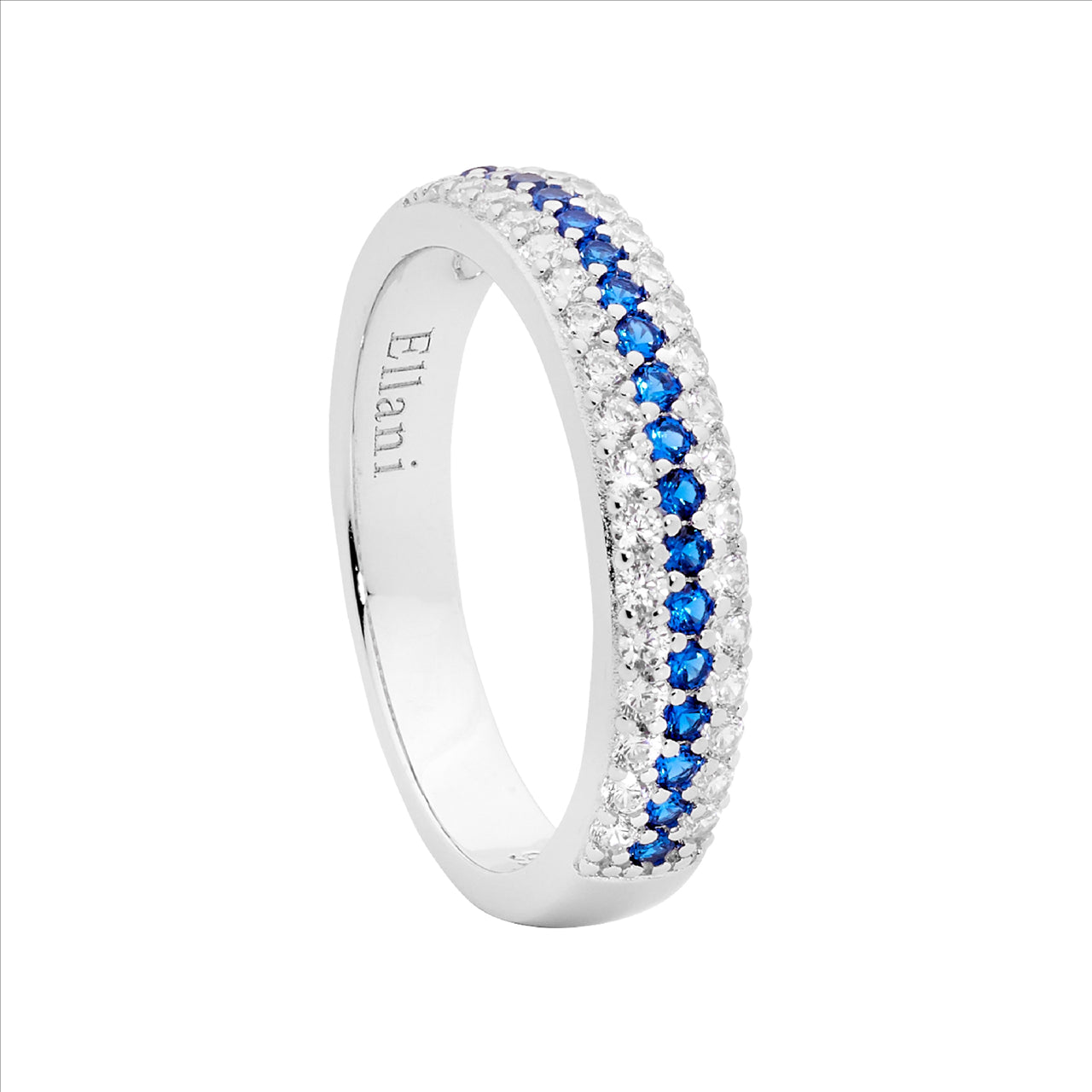 Sterling Silver 3 row Ring with Blue and White CZ