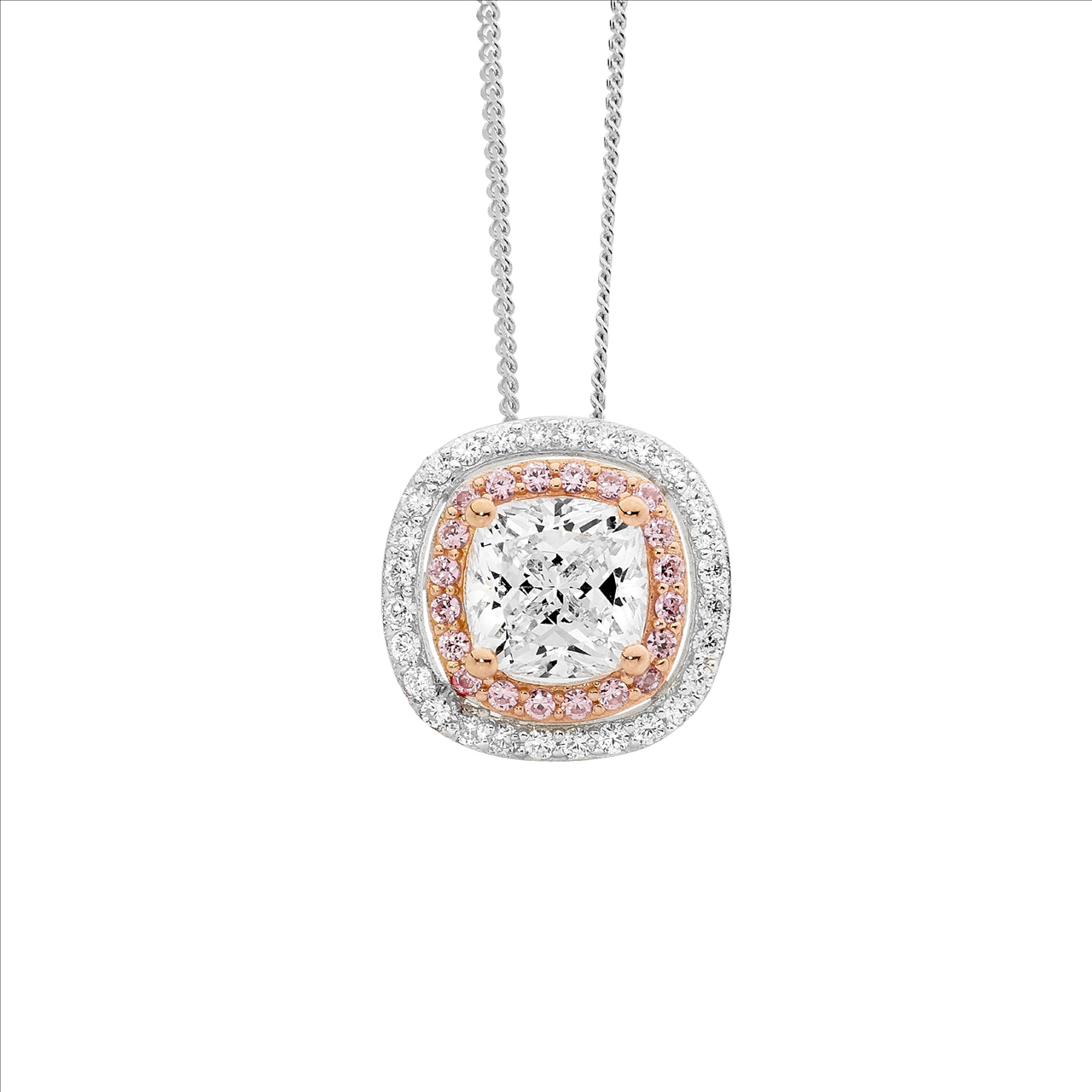 Pendant - Sterling silver/Rose gold plate Cushion cut Cubic Zirconia in halo setting