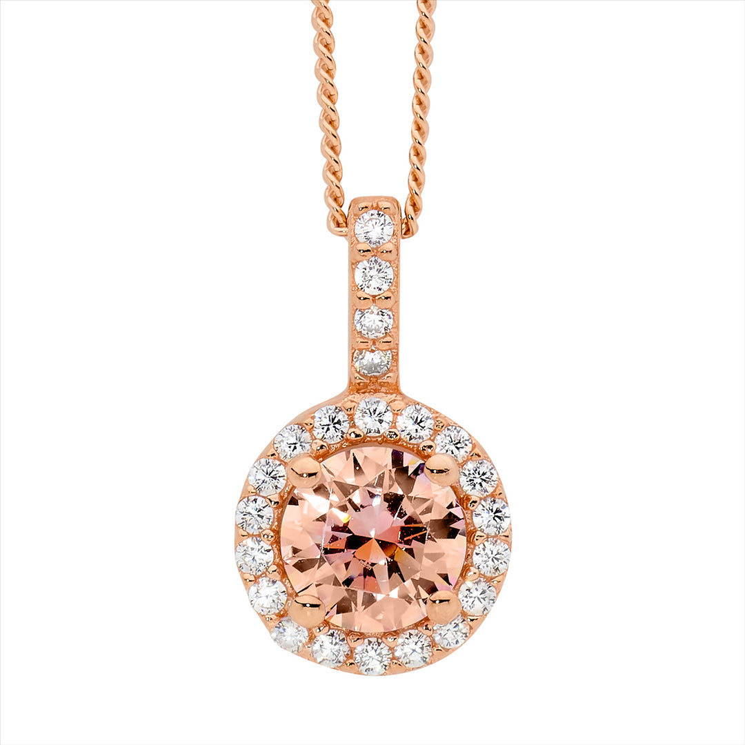 Sterling Silver Morganite CZ Solitaire with CZ Surround Pendant, Rose Gold Plating