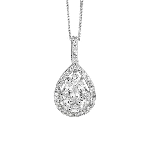 Pendant - Sterling silver white Cubic Zirconia drop pear with white Cubic Zirconia cluster