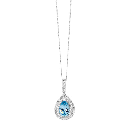 Sterling Silver Blue CZ Pear Drop with Cubic Zirconia Double Halo