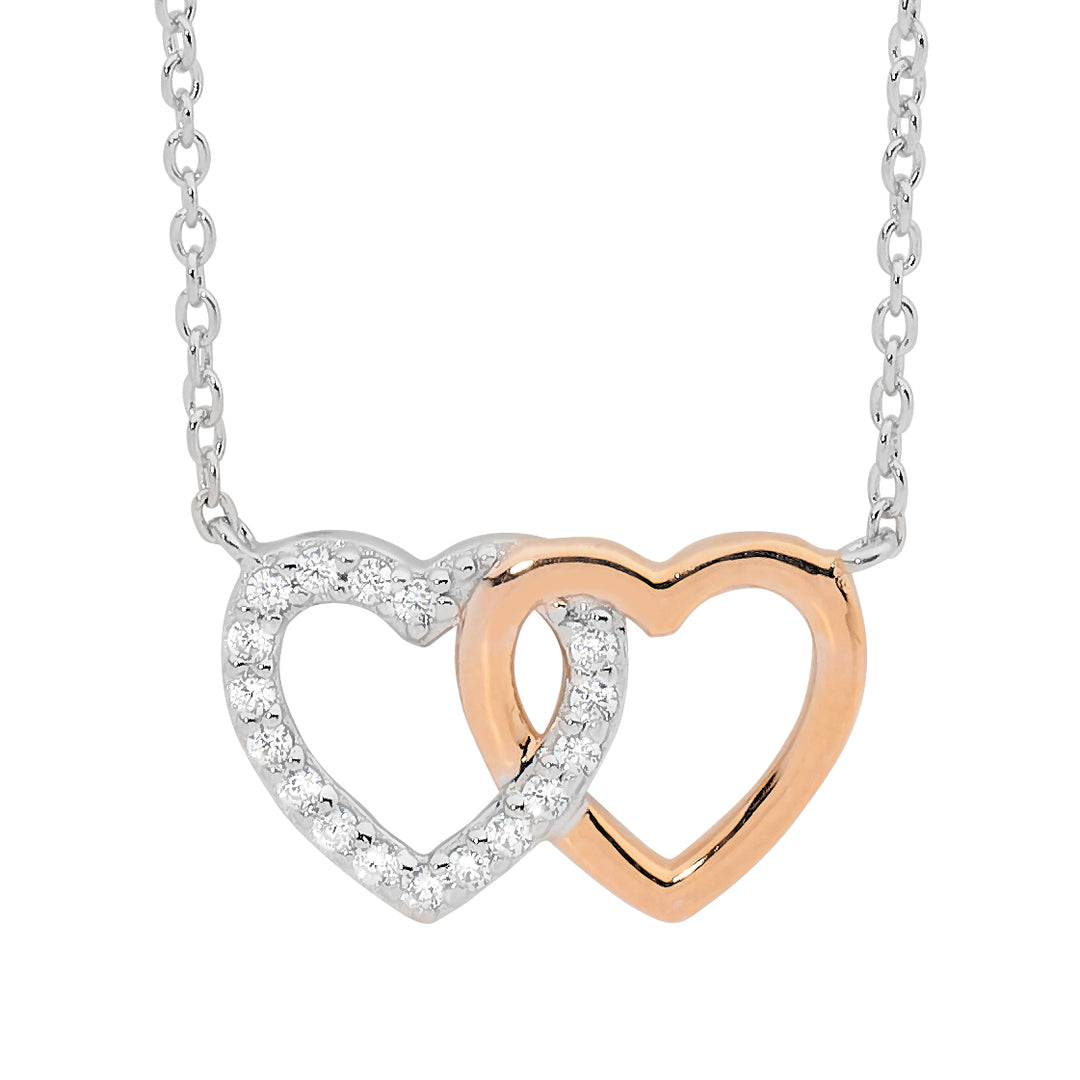 Sterling Silver and Rose Gold Plated White CZ Double Linked Heart