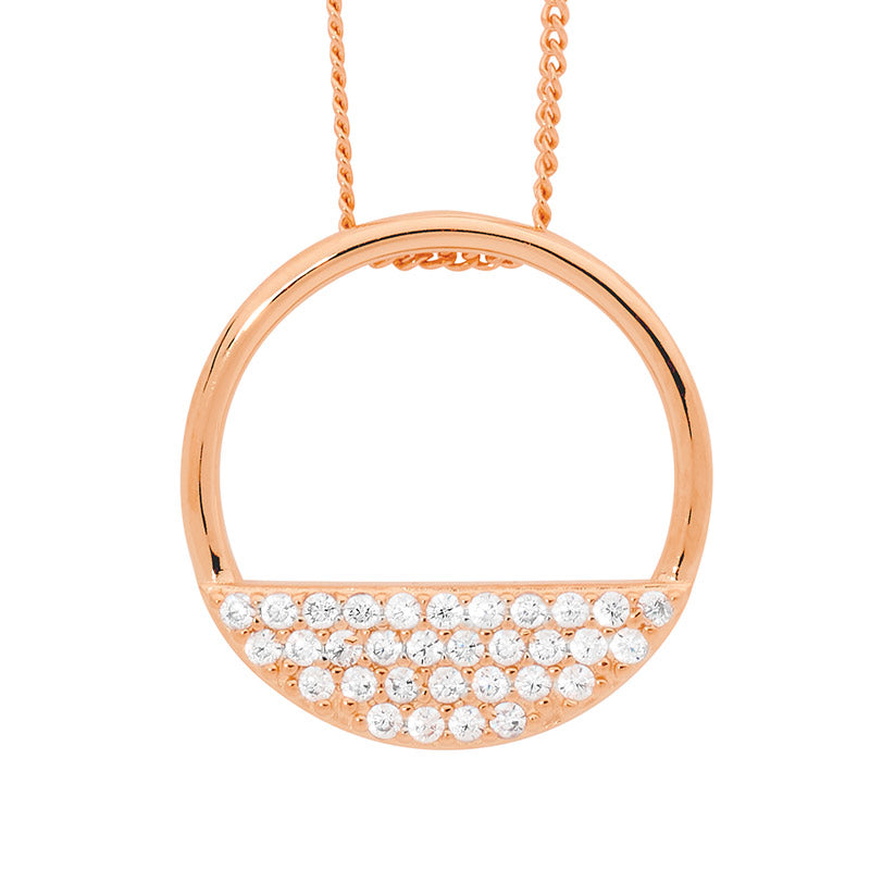 Sterling Silver and Rose Gold Plated Open Circle Pendant with 3 rows CZ