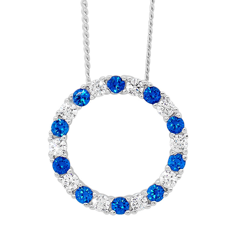 Sterling Silver 16mm open circle pendant with White and Dark Blue CZ