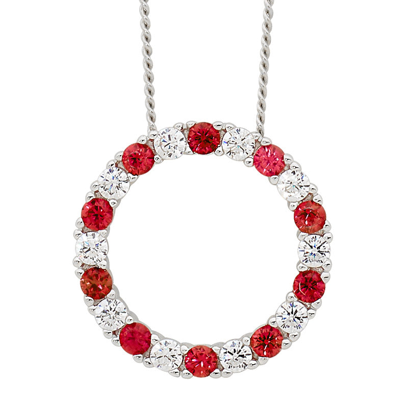 Sterling Silver Open Circle Pendant with Red and White CZ