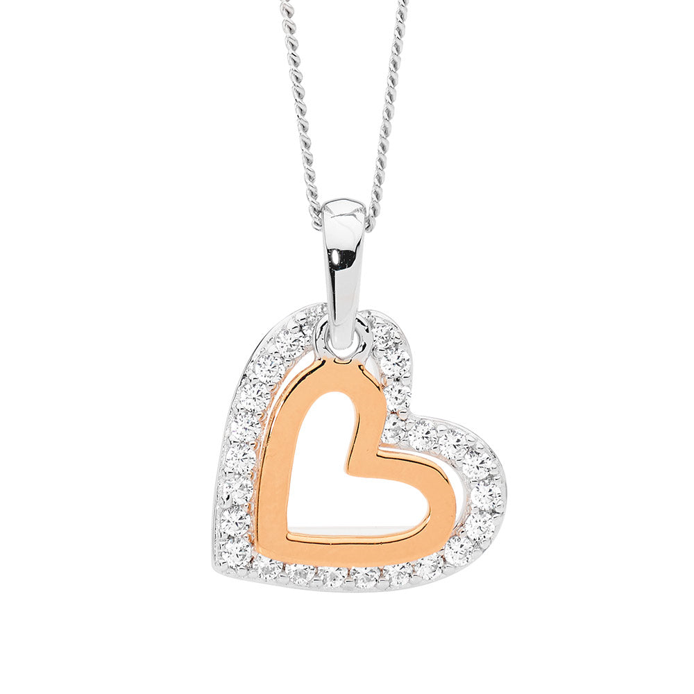 Sterling Silver Rose Gold Plated Double Heart CZ Pendant