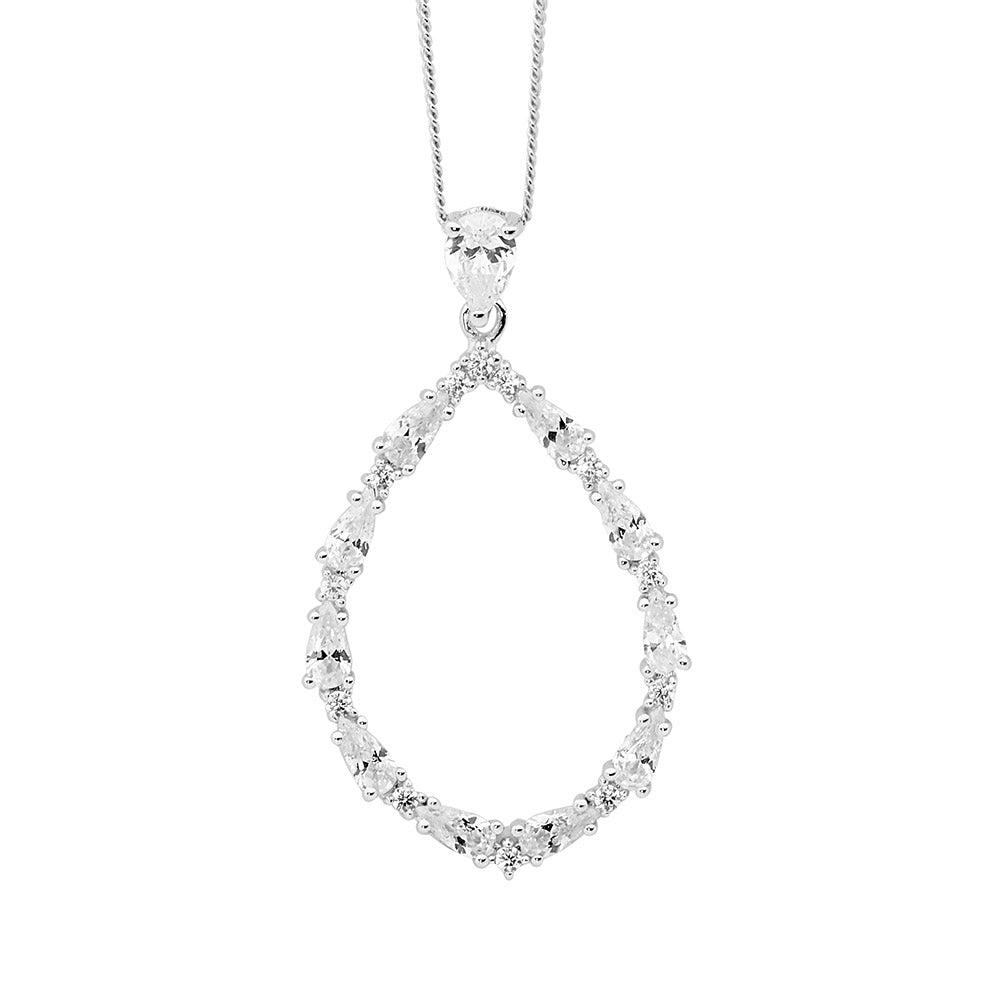 Sterling silver open tear drop pendant 38mm with pear & round white cz