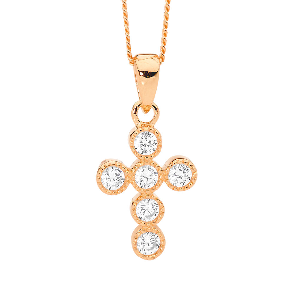 Sterling Silver crown set cross pendant with White CZ and Rose Gold Plating.