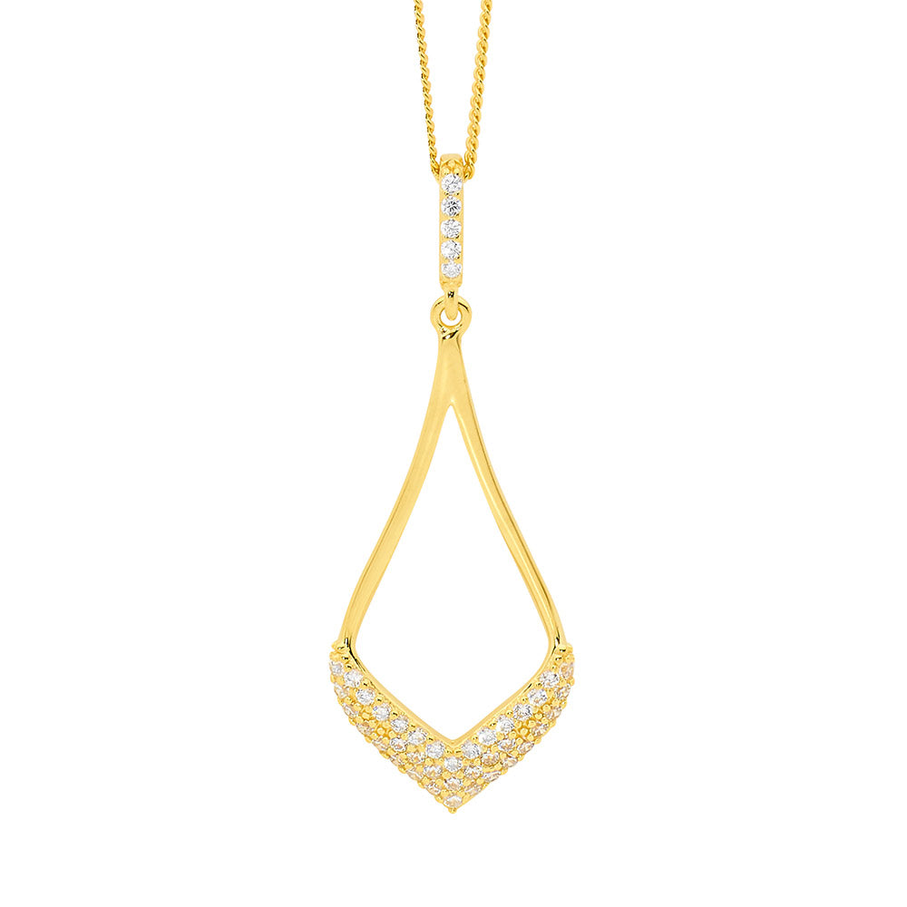 Sterling Silver tear drop pendant with White CZ pave and Gold Plating.