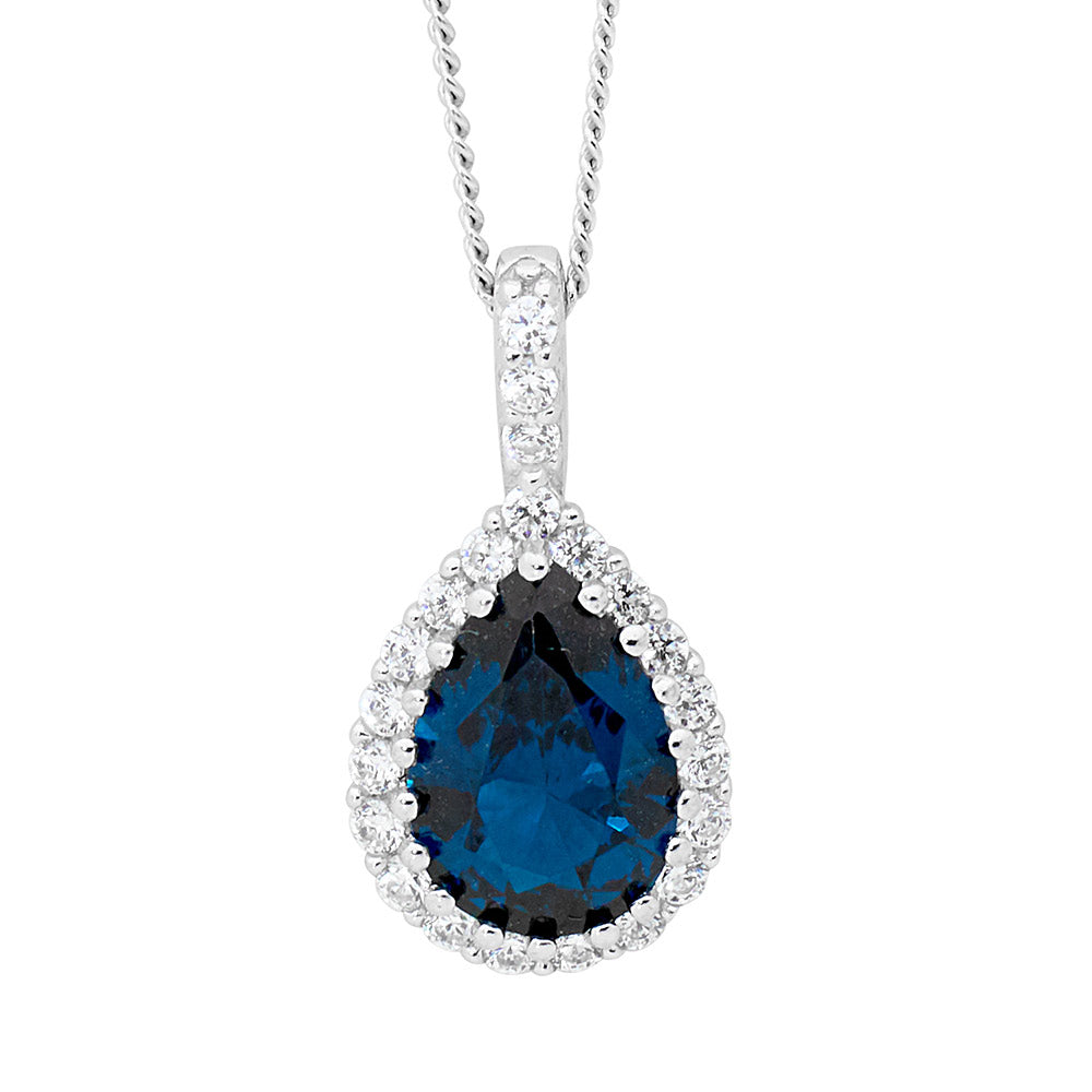 Sterling Silver london blue pear cz, cz surround drop pendant