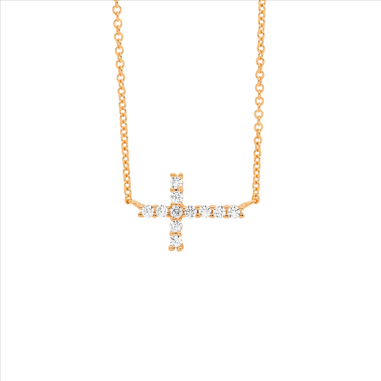 Sterling Silver CZ Sml Cross Pendant, Attached Chain & rose gold plating