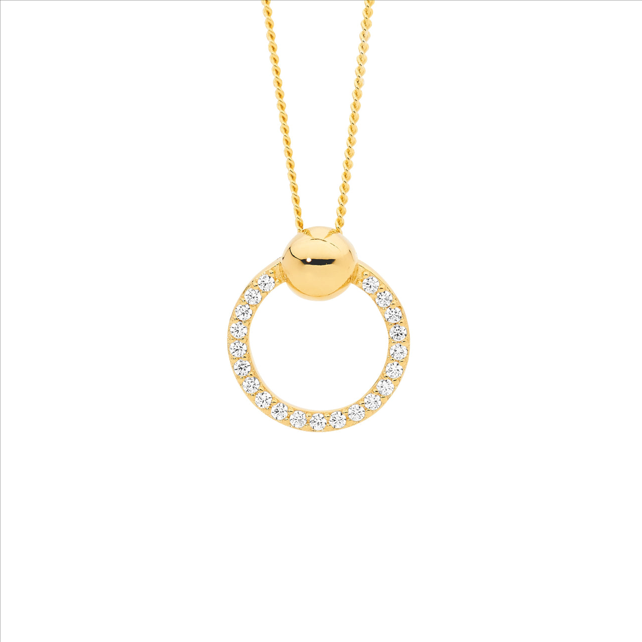 Sterling Silver Gold Plated CZ Open Circle Pendant with Ball Feature
