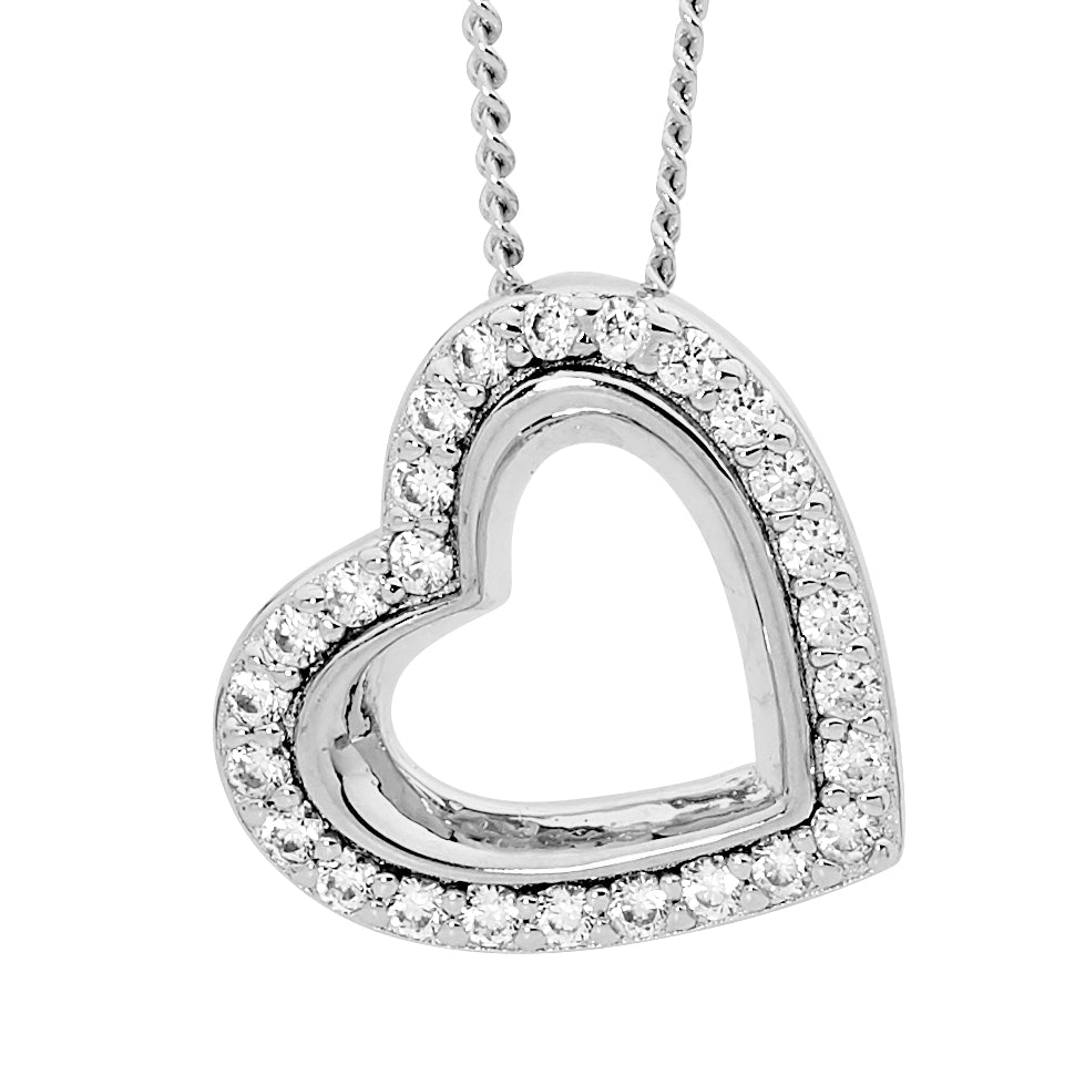 Sterling Silver CZ Heart on Angle Pendant