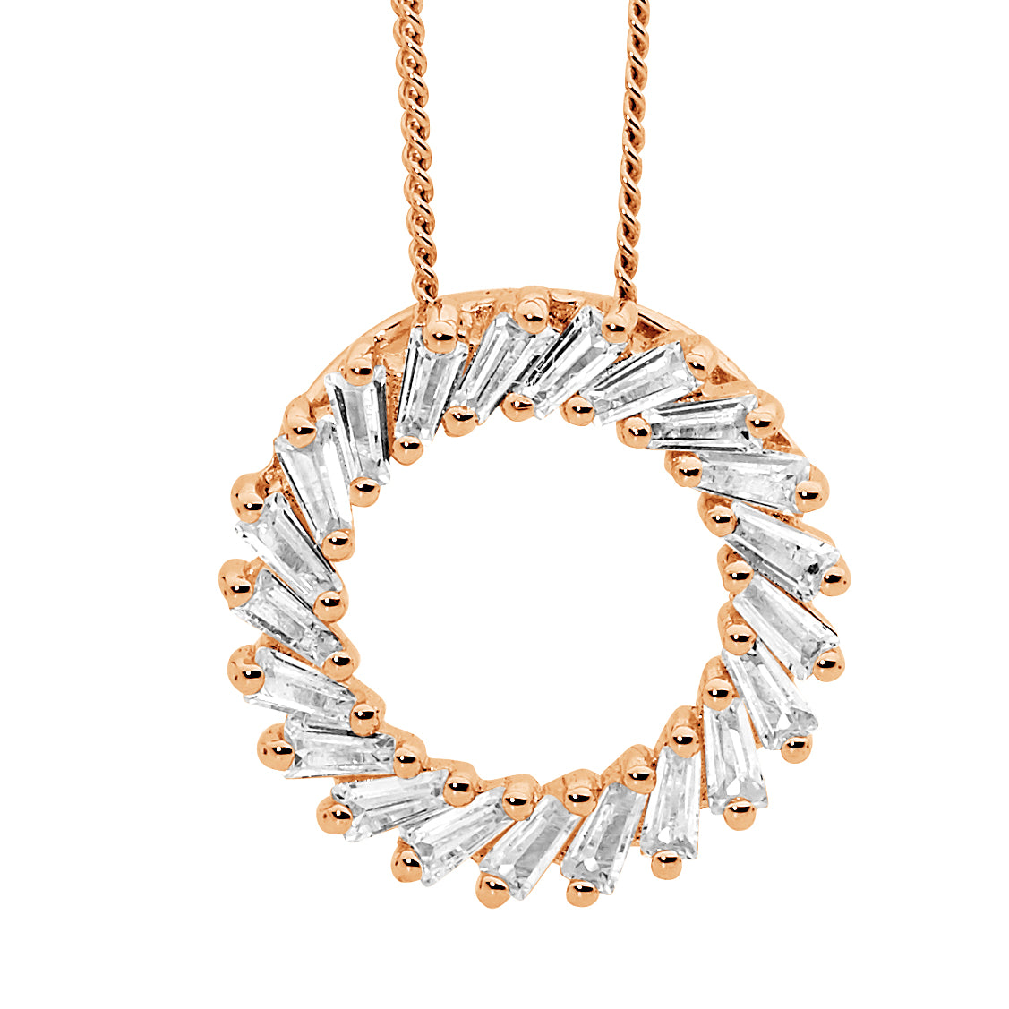 Sterling Silver Rose Gold Plated Tapered CZ Baguette Circle Pendant