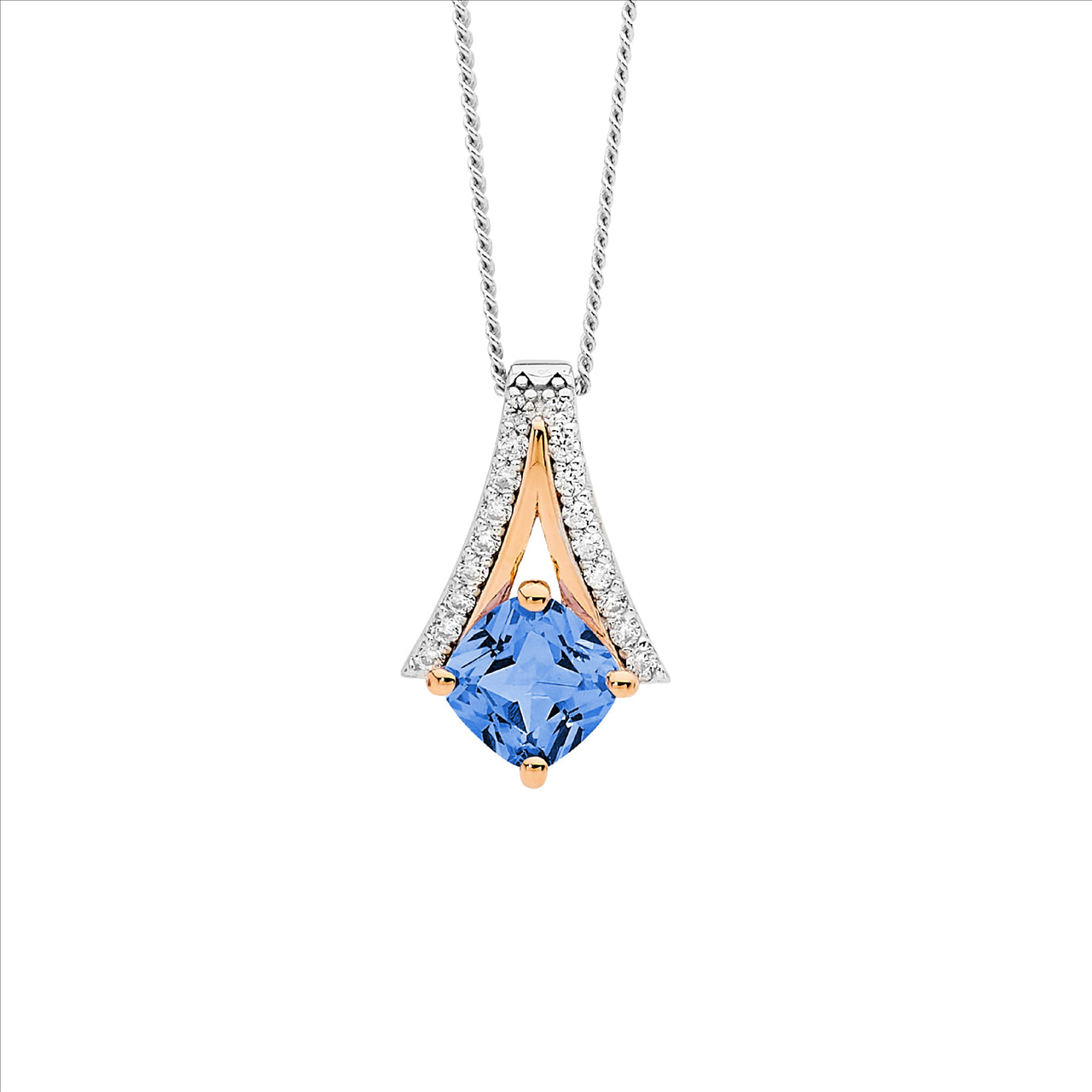 Sterling Silver and Rose Gold Plated Pendant with Cushion Cut Spinel and CZ