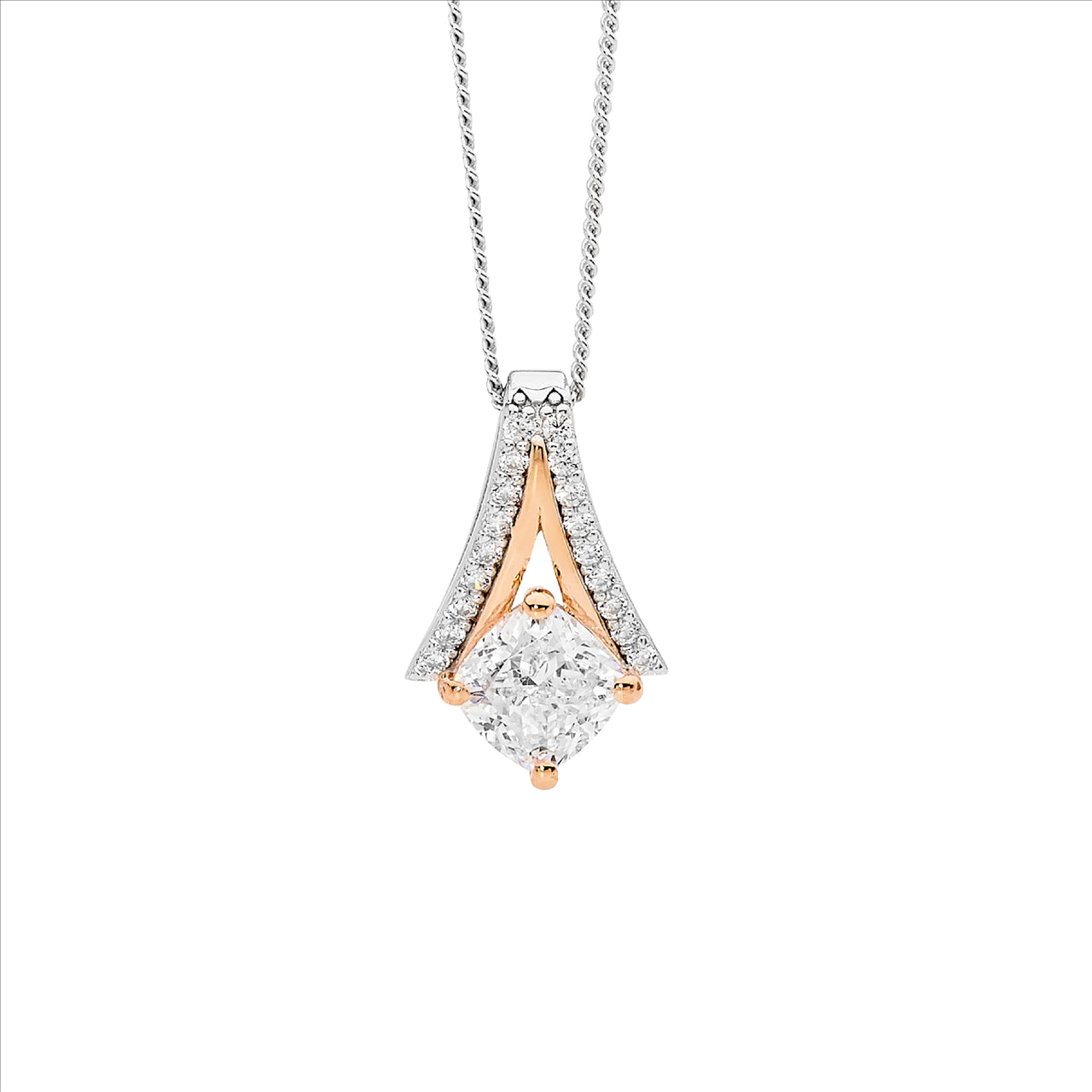 Sterling Silver and Rose Gold Plated Cushion Cut and CZ Pendant