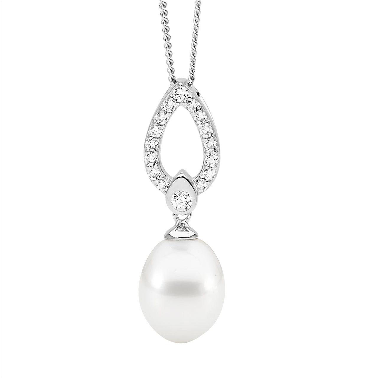 Sterling Silver Open Tear Drop CZ and Fresh Water Pearl Pendant