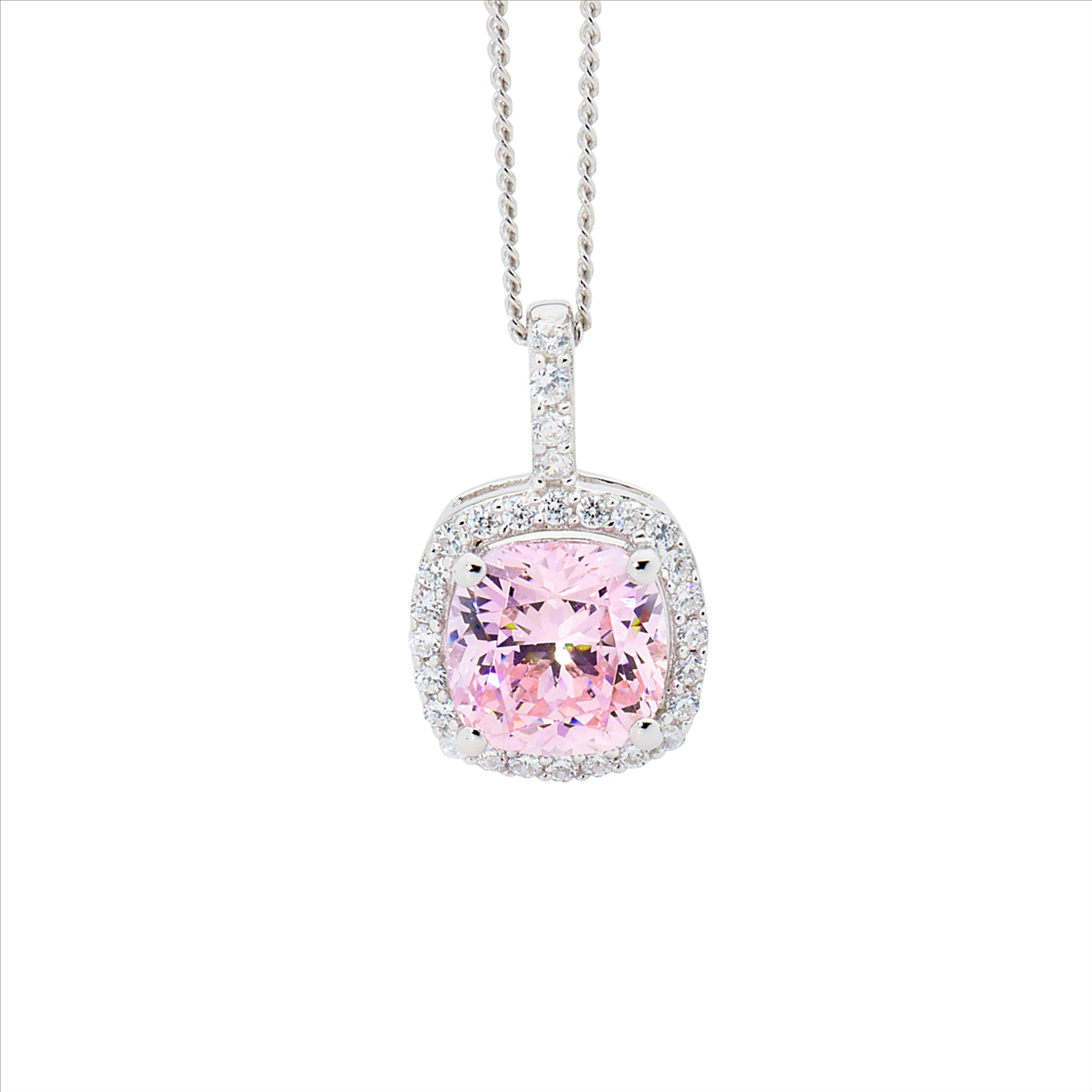 Sterling Silver Pink Cushion Cut CZ with Surrounding CZ