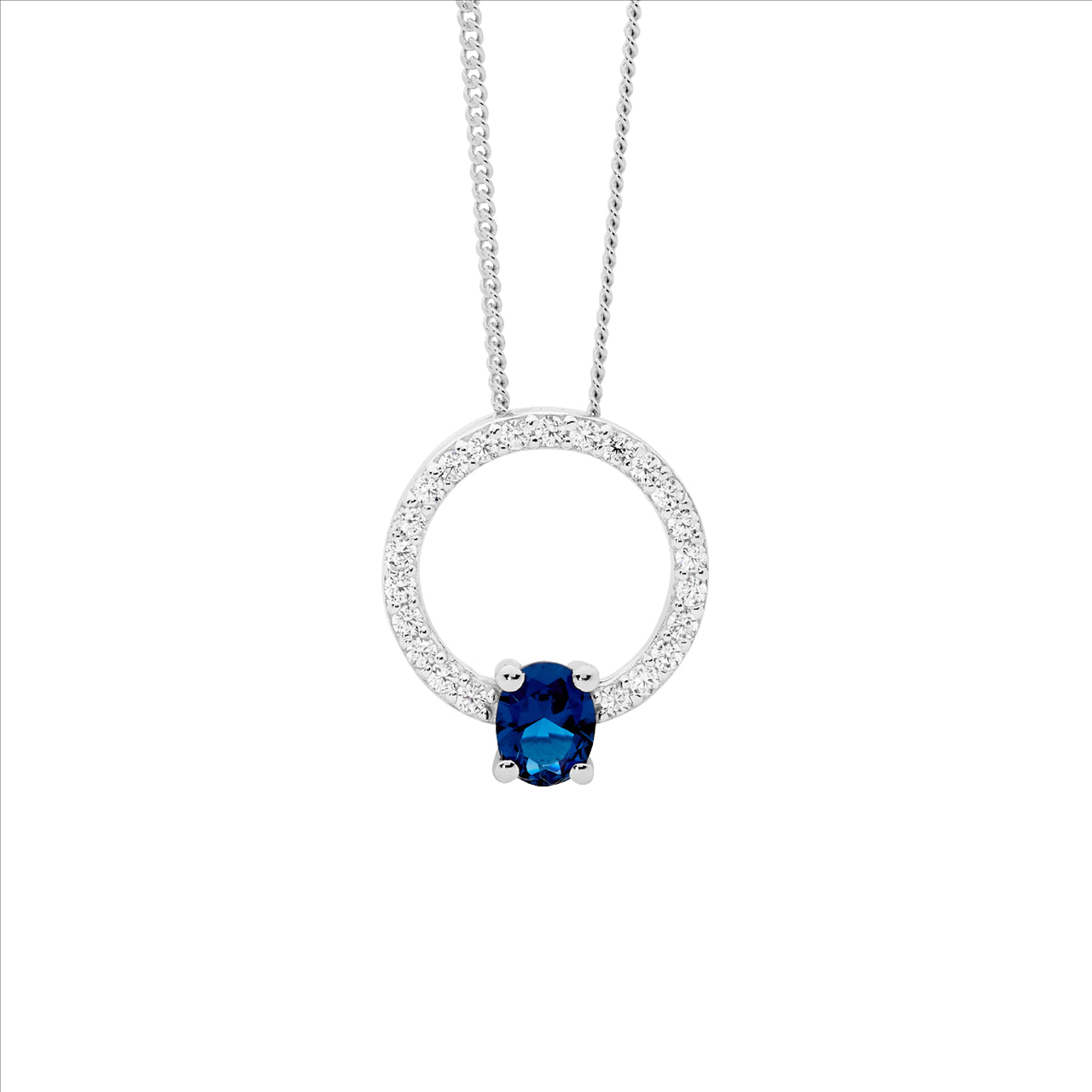 Sterling Silver Open Circle Pendant with London Blue Oval and CZ