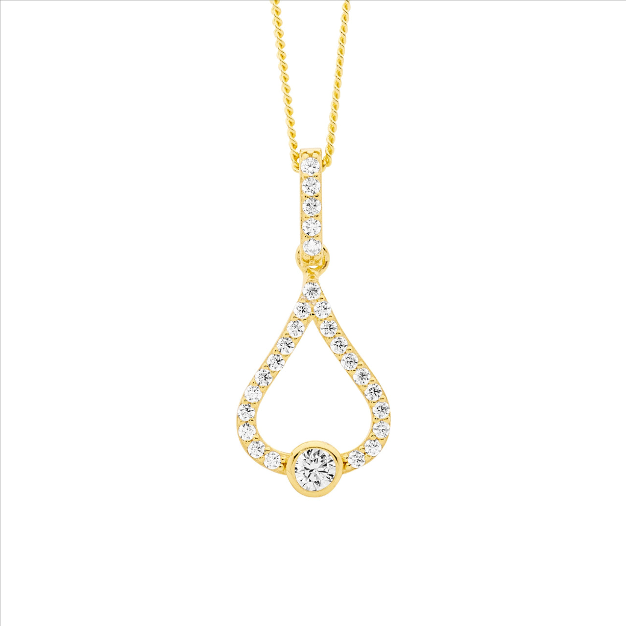 Sterling Silver Gold Plated CZ Tear Dop Pendant with 1x Bezel CZ