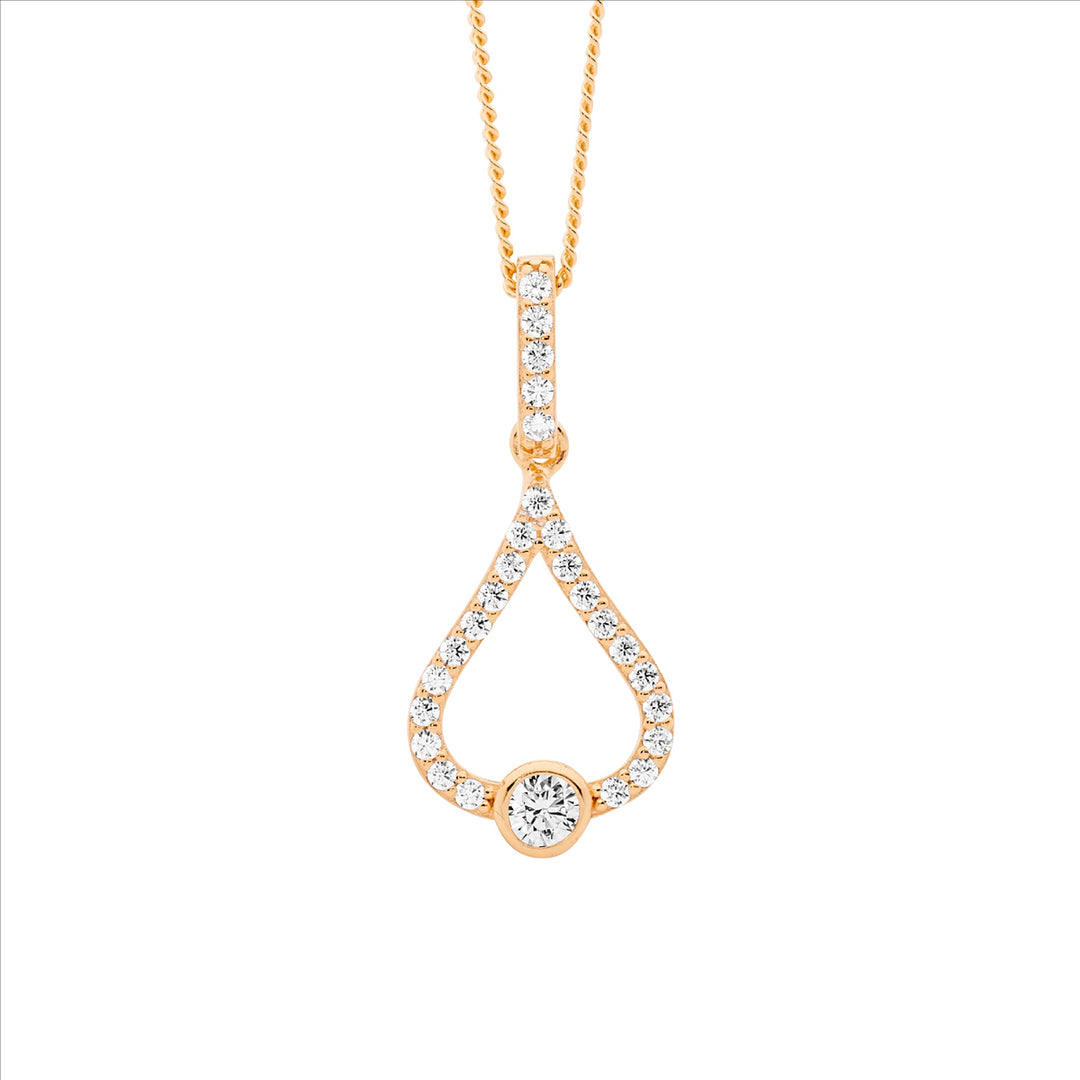 Sterling Silver Rose Gold Plated CZ Tear Drop Pedant with 1x Bezel CZ