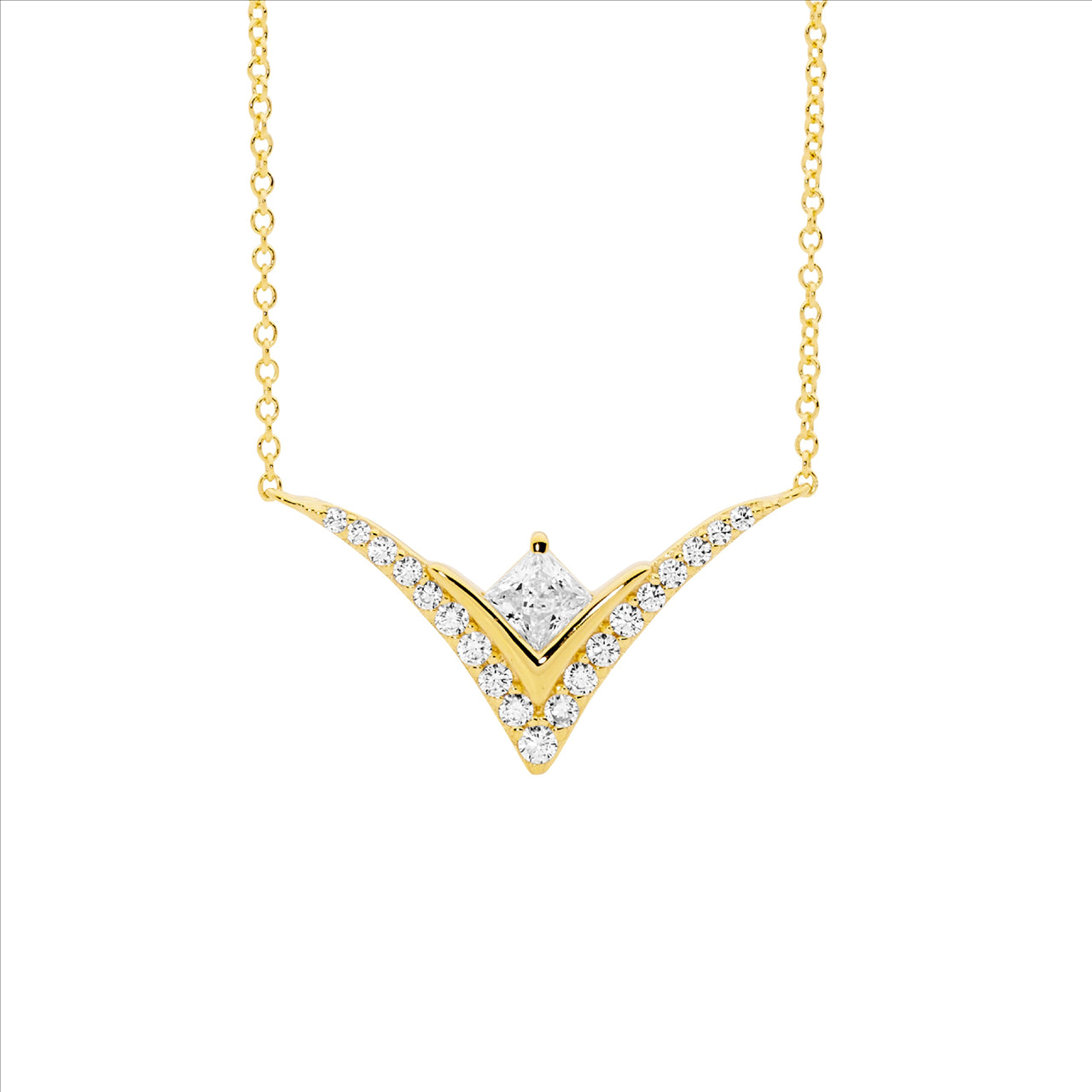 Sterling Silver Gold Plated V Pendant with CZ on Attached Chain
