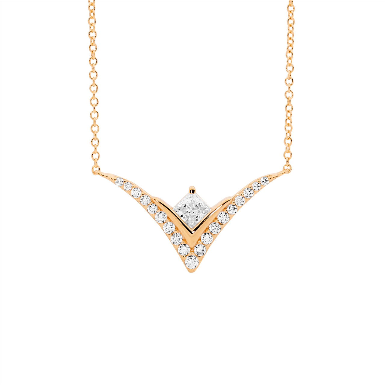 Sterling Silver Rose Gold Plated V Pendant with CZ on Attached Chain