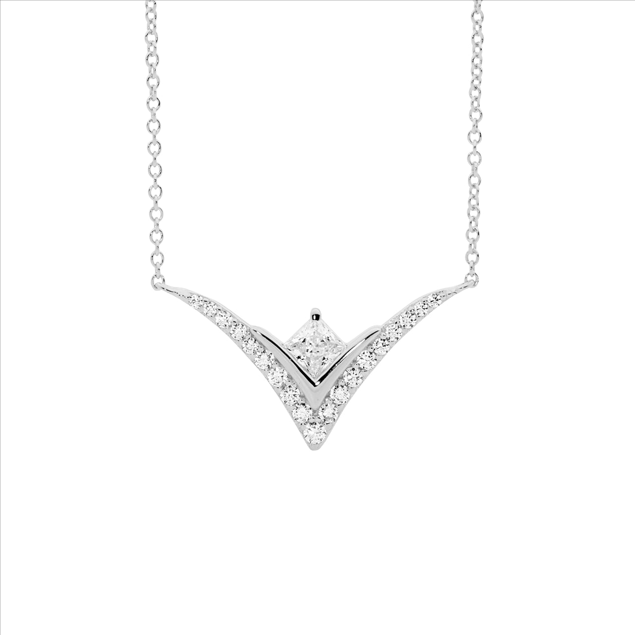 Sterling Silver V Pendant with CZ on Attached Chain