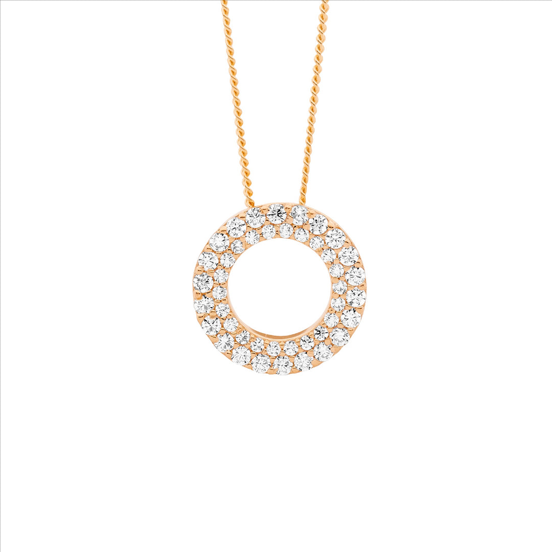 Sterling Silver Rose Gold Plated 13mm Double Row CZ Circle Pendant