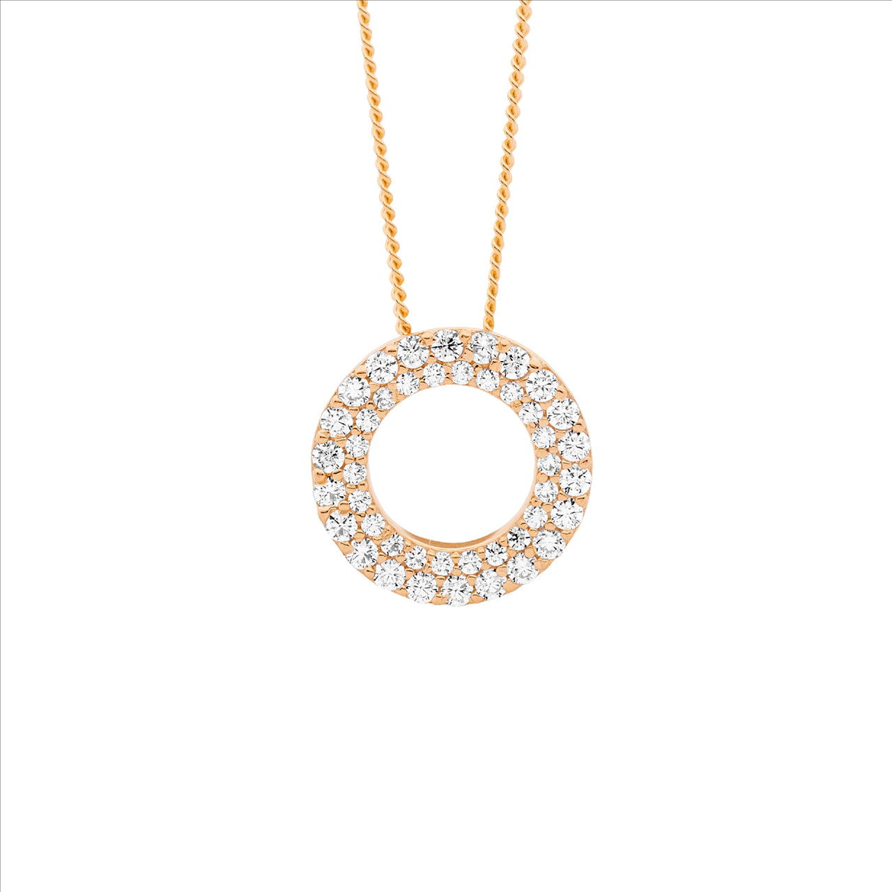 Sterling Silver Rose Gold Plated 13mm Double Row CZ Circle Pendant