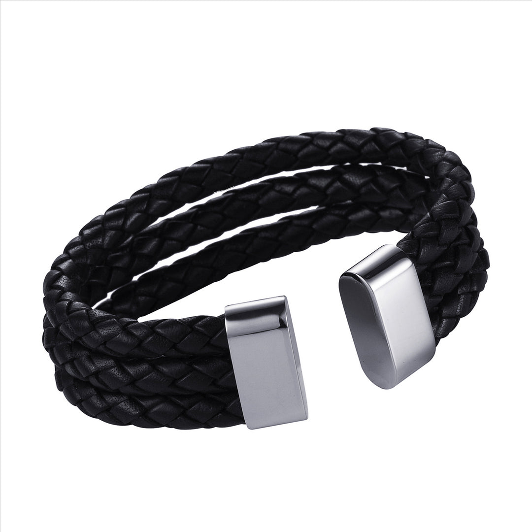 Cuff Stainless Steel Black Triple Leather Bracelet