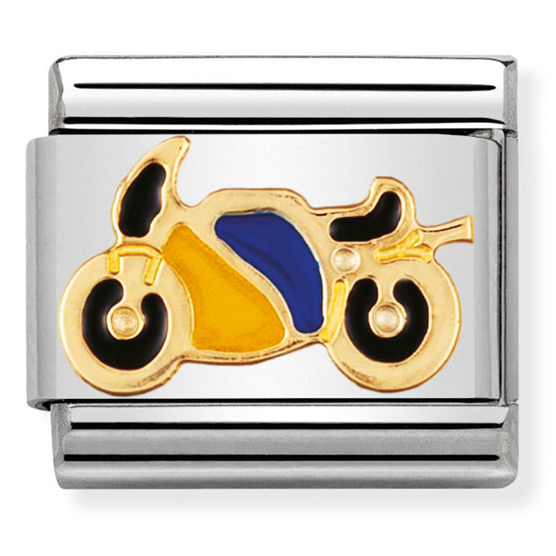 Nomination - Stainless Steel, Enamel & 18ct Gold Yellow and Blue Motorbike