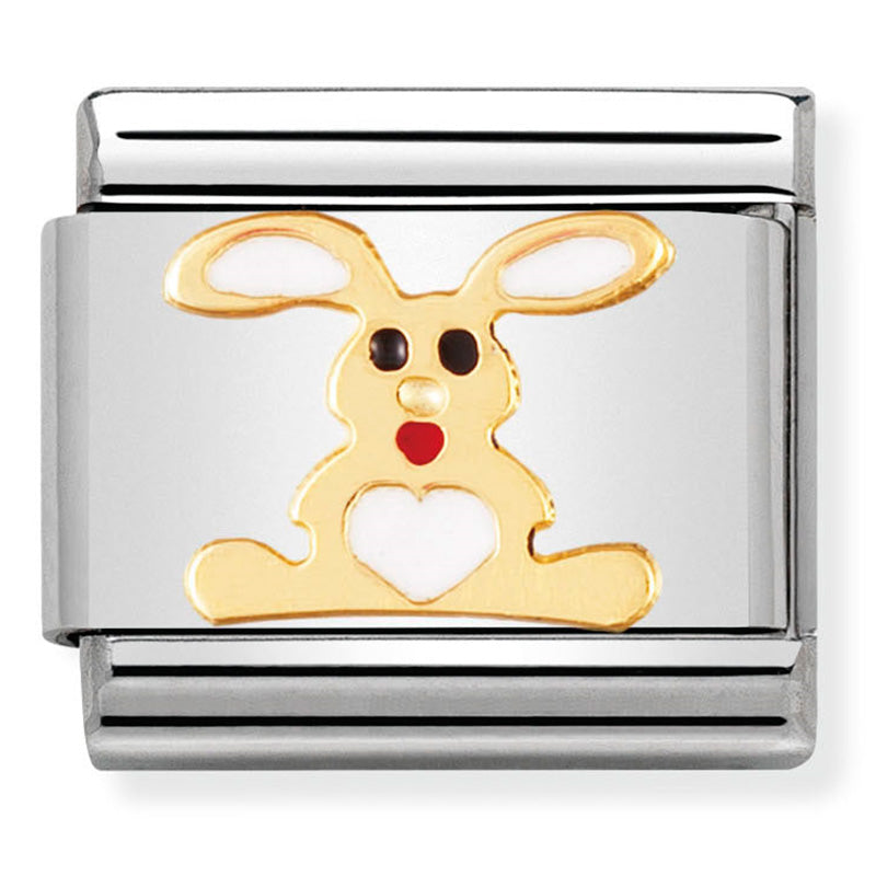 Nomination - classic earth animals st/steel, enamel & 18ct gold (white rabbit)